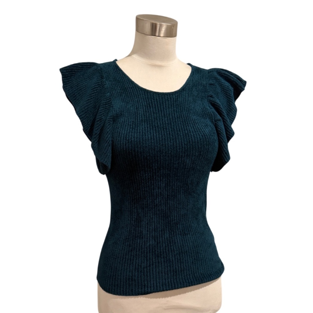 NWOT Free People green blue Teal chenille flutter sleeve knit top S